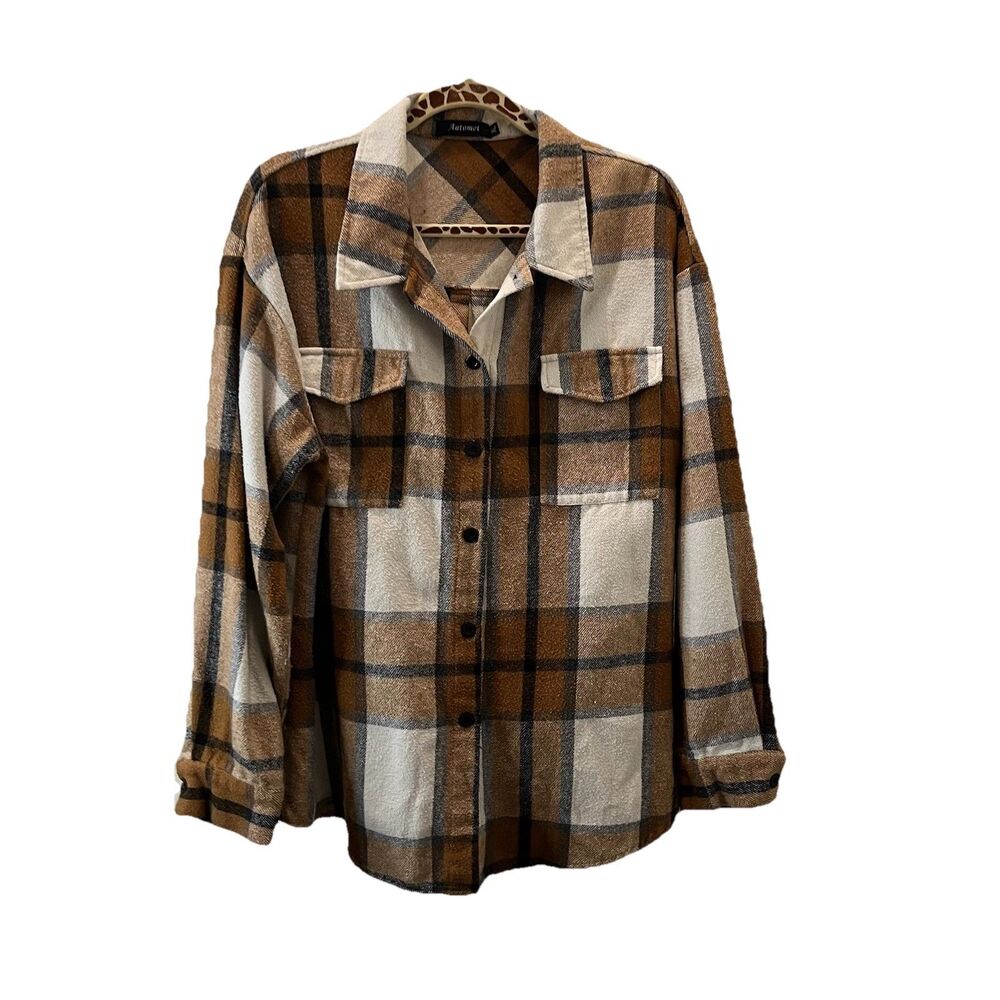AUTOMET Apricot Plaid Flannel Shirt Jacket Shacket Brown White XL Womens